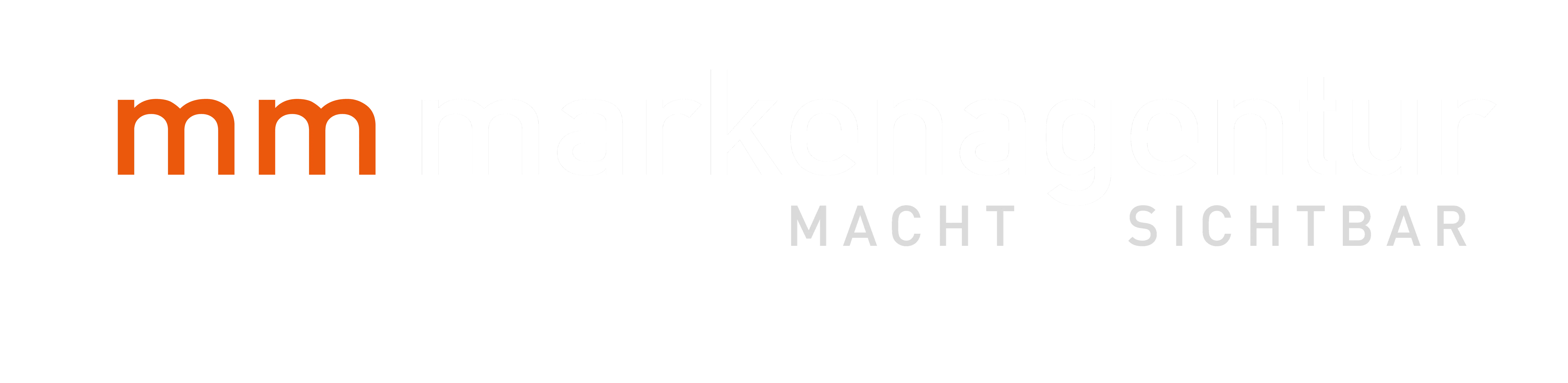 mm markenagentur macht sichtbar Schriftzug auf schwarzem Hintergrund, "mm" orange, rest weiß und grau
