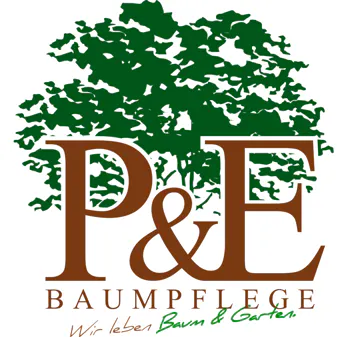 Logo with a large green tree silhouette above brown letters "P&E" and the text "BAUMPFLEGE" underneath, followed by a green and brown handwritten slogan "Wir leben Baum & Garten."