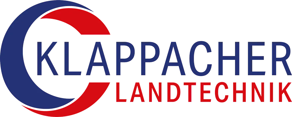 Logo mit dem Text "KLAPPACHER LANDTECHNIK", umgeben von einem halbkreisförmigen, blau-roten Designelement.