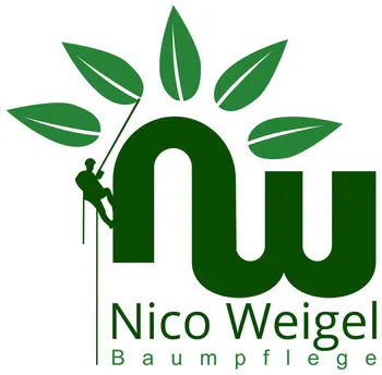 Dark green stylized letters "nw" with a person climbing a rope on the left side and six green leaves sprouting from the top of the letters, with "Nico Weigel Baumpflege" written below.