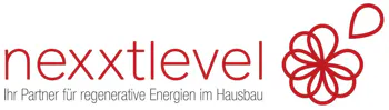 Logo with the text "nexxtlevel Ihr Partner für regenerative Energien im Hausbau" and a stylized red flower with three petals.