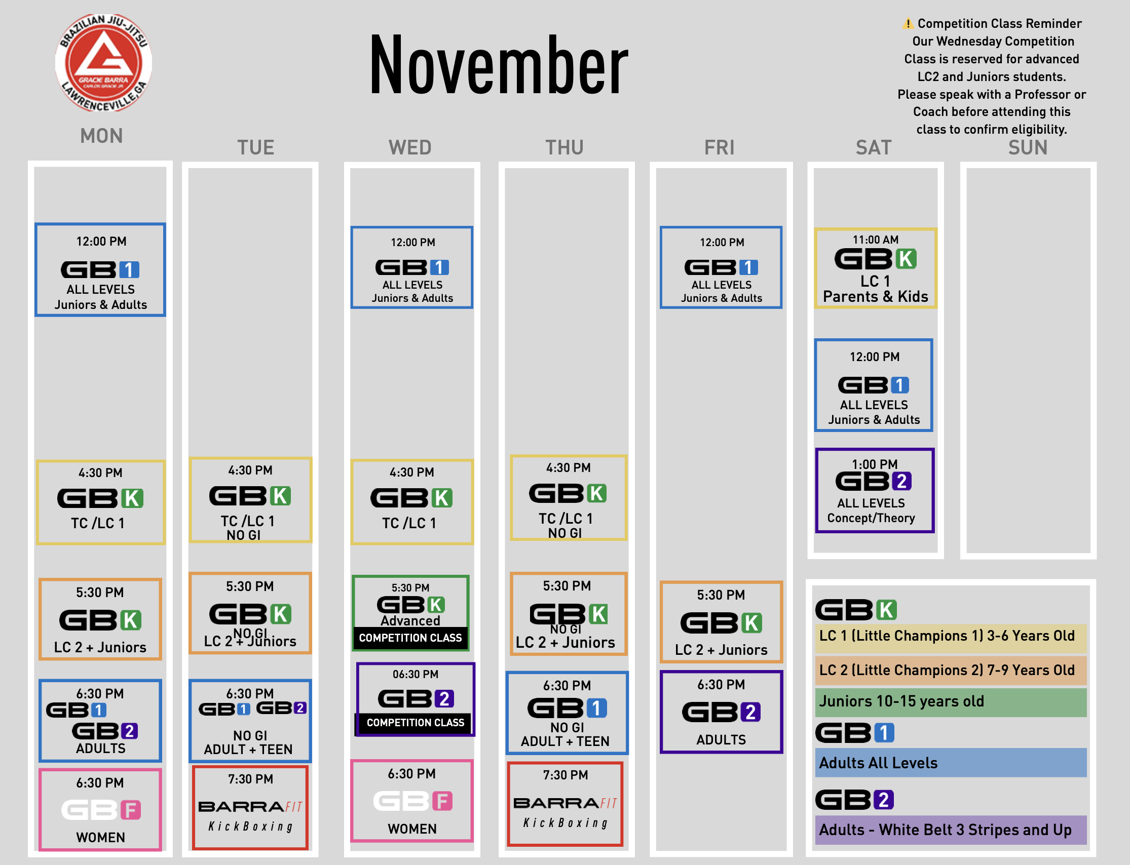 November schedule showing daily Brazilian Jiu-Jitsu classes by time and level