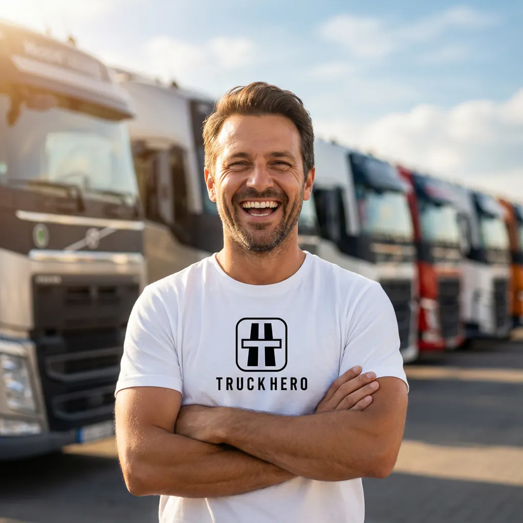 Fahrer im TruckHero-Shirt vor geparkten Sattelschleppern