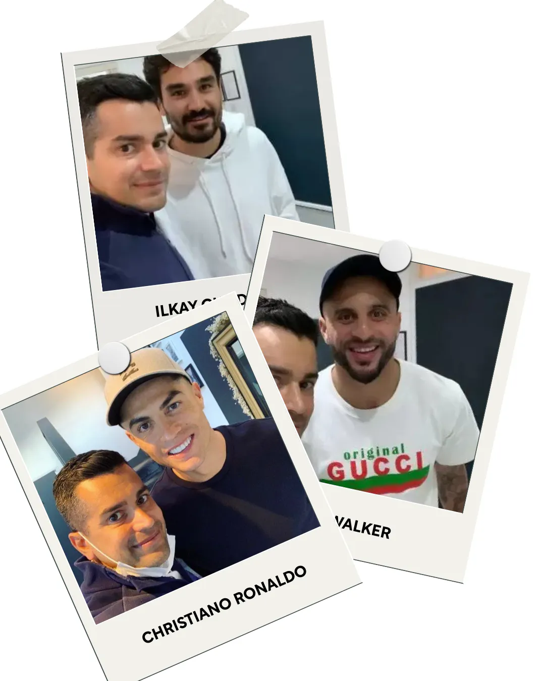 Three overlapping polaroid photos pinned or taped, each showing two men smiling at the camera in indoor settings.