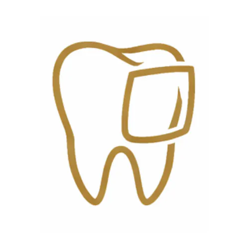 Stylized outline of a tooth with a square dental veneer or crown positioned on the front surface.