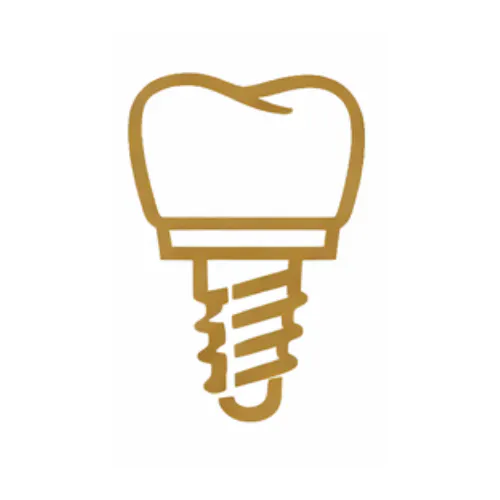 Simplified illustration of a dental implant with a crown on top and a threaded screw base.