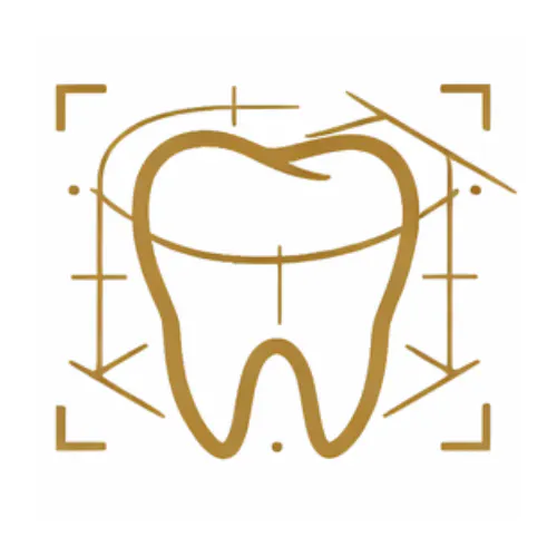 Outline of a tooth with geometric measurement lines and corner marks indicating dental design or analysis.