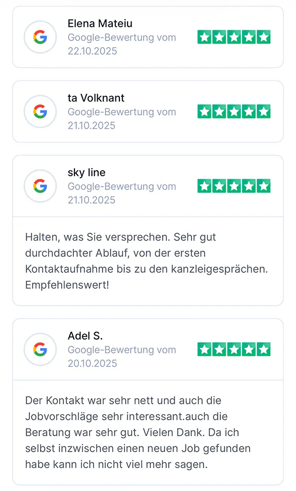 Vier Google-Bewertungen mit jeweils fünf Sternen von Elena Mateiu, ta Volknant, sky line und Adel S. mit positiven Kommentaren zu Kontakt, Ablauf und Beratung.