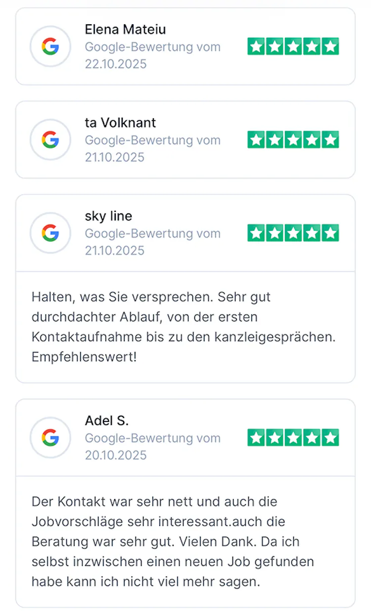 Vier Google-Bewertungen mit jeweils fünf Sternen von Elena Mateiu, ta Volknant, sky line und Adel S. mit positiven Kommentaren zu Kontakt, Ablauf und Beratung.