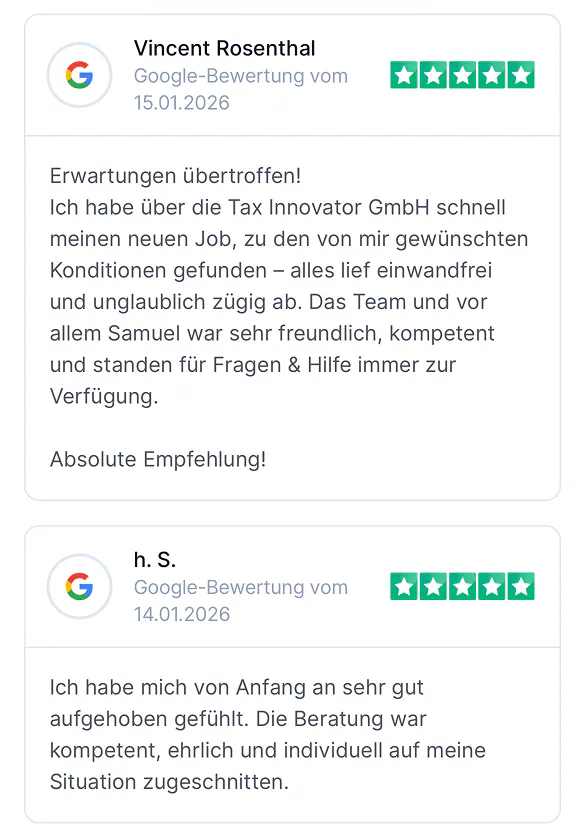 Zwei fünf-Sterne-Google-Bewertungen vom 14. und 15. Januar 2026 mit positiven Kommentaren zu schneller Jobvermittlung, kompetenter Beratung und freundlichem Team.
