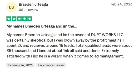 Five-star TrustPilot review by Braeden Urteaga