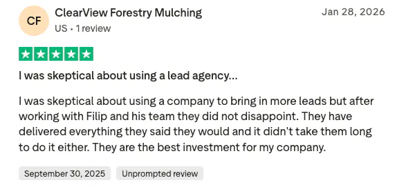 Five-star TrustPilot review from ClearView Forestry Mulching