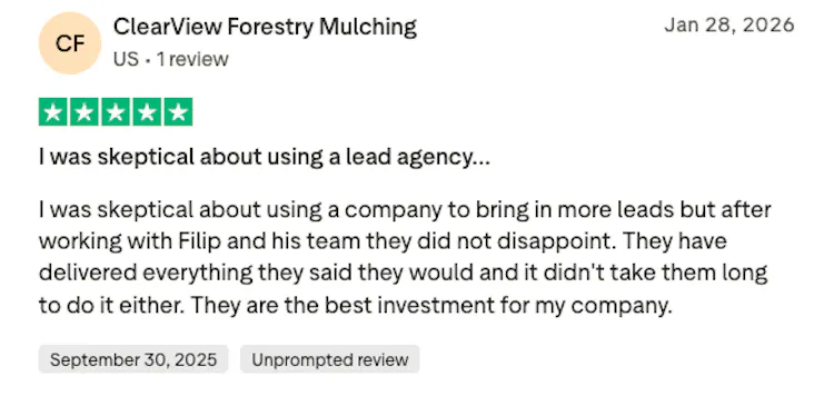 Five-star TrustPilot review from ClearView Forestry Mulching