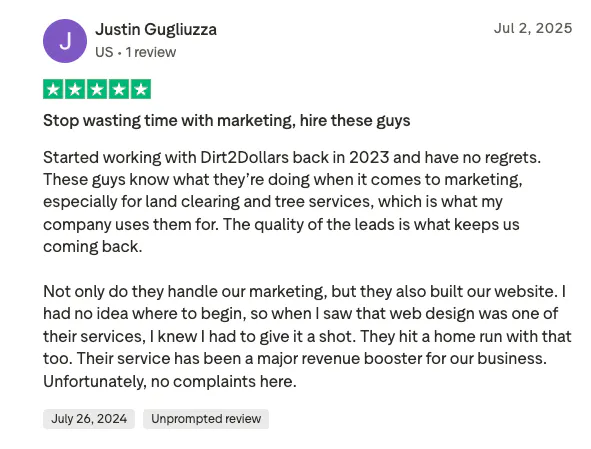Five-star TrustPilot review by Justin Gugliuzza