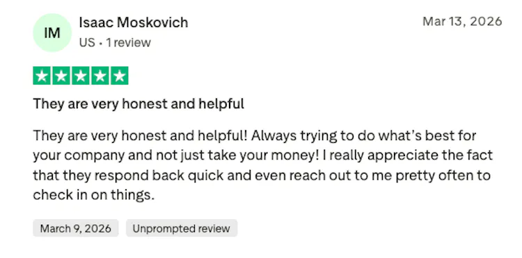Five-star TrustPilot review by Isaac Moskovich