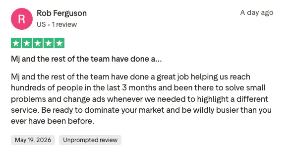 Five-star TrustPilot review by Rob Ferguson