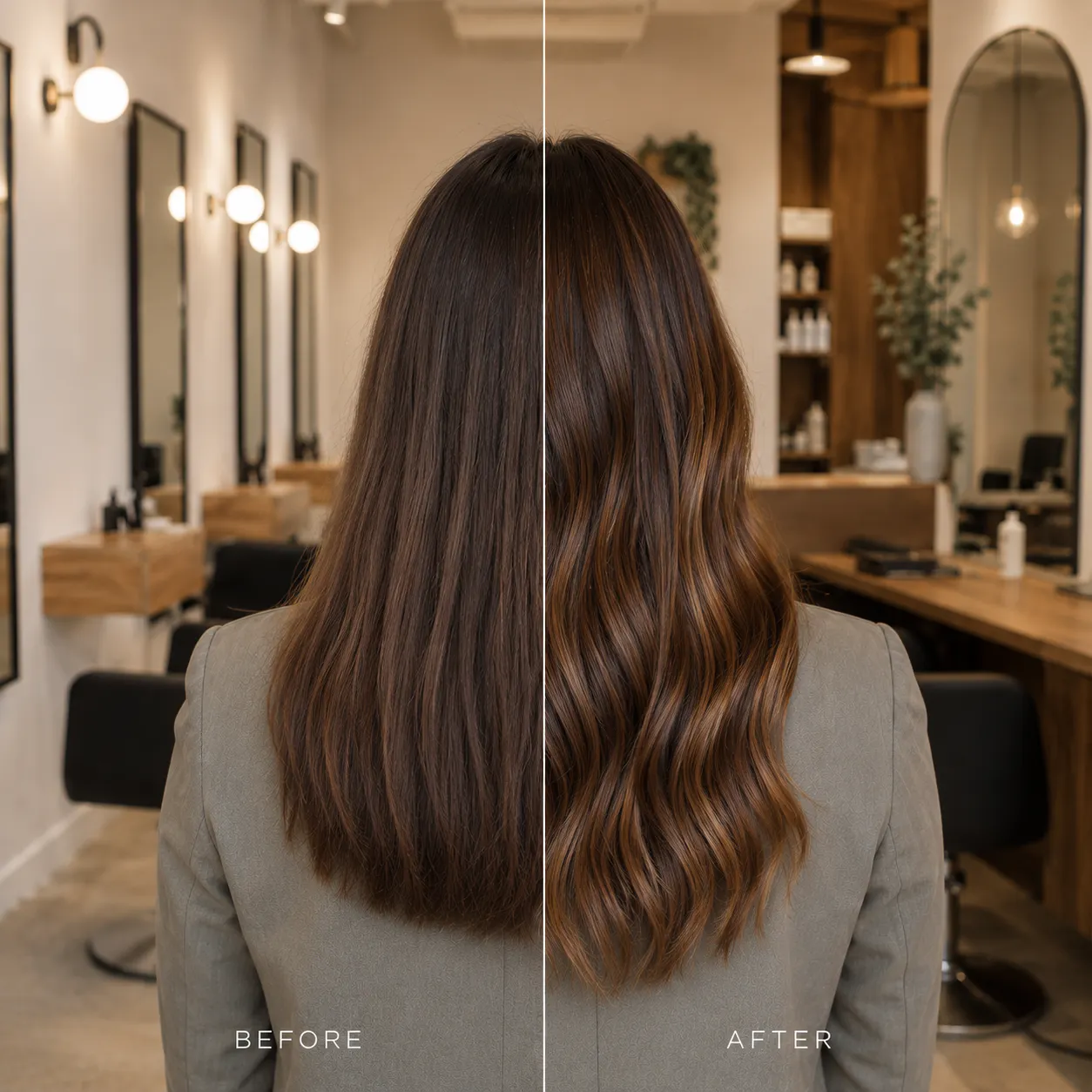 luxury hair extensions close-up, textured healthy hair strands, warm light
