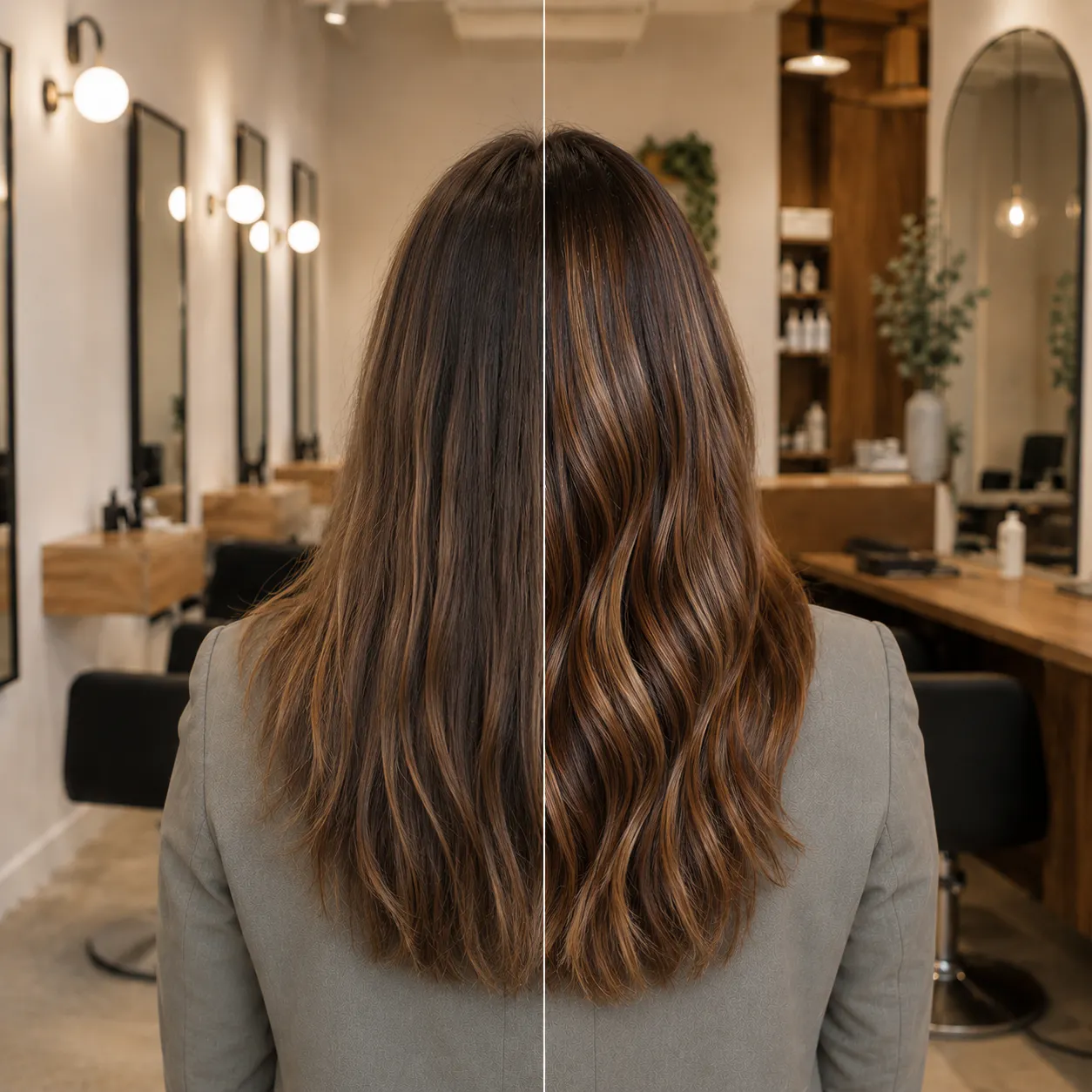 hair color and styling in salon, stylist applying custom color to client, modern salon