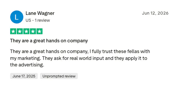 Five-star TrustPilot review by Lane Wagner