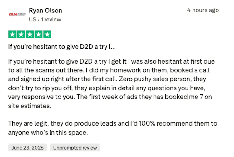 Five-star TrustPilot review by Ryan Olson