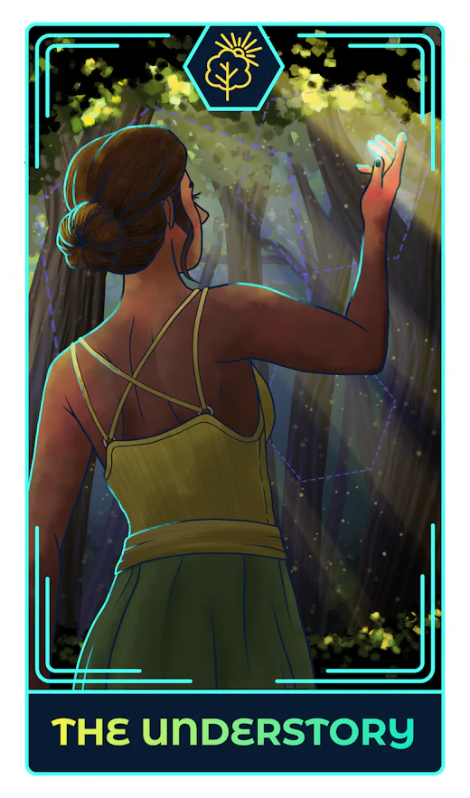 Woman in a sleeveless dress stands in a forest, reaching out toward light filtering through the trees, surrounded by a blue glowing outline and hexagonal shapes.