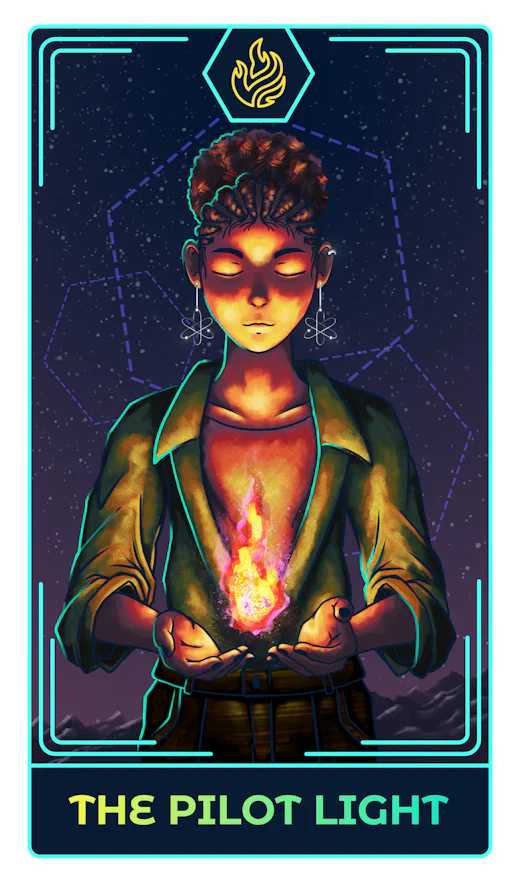 Person with closed eyes holding a glowing flame in their cupped hands, wearing atomic symbol earrings, with a starry sky background and text THE PILOT LIGHT below.