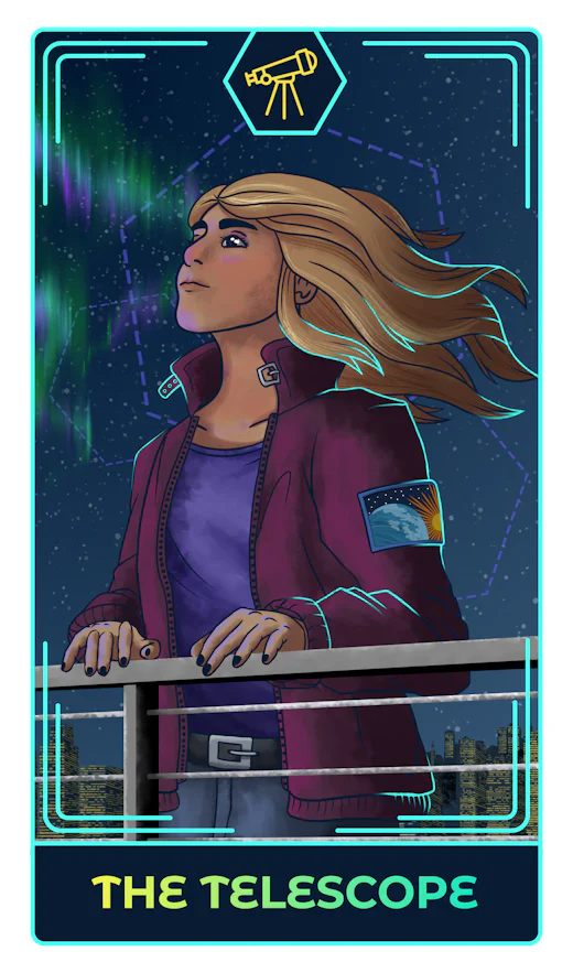 Young person with long hair looking up at night sky with Northern Lights, standing behind railing, wearing a purple jacket with an Earth and sun patch on the sleeve.