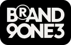 Logo with stylized text reading "BRAND 9 ONE 3" in white on a black background, with the letter "R" merged with a circular arrow.