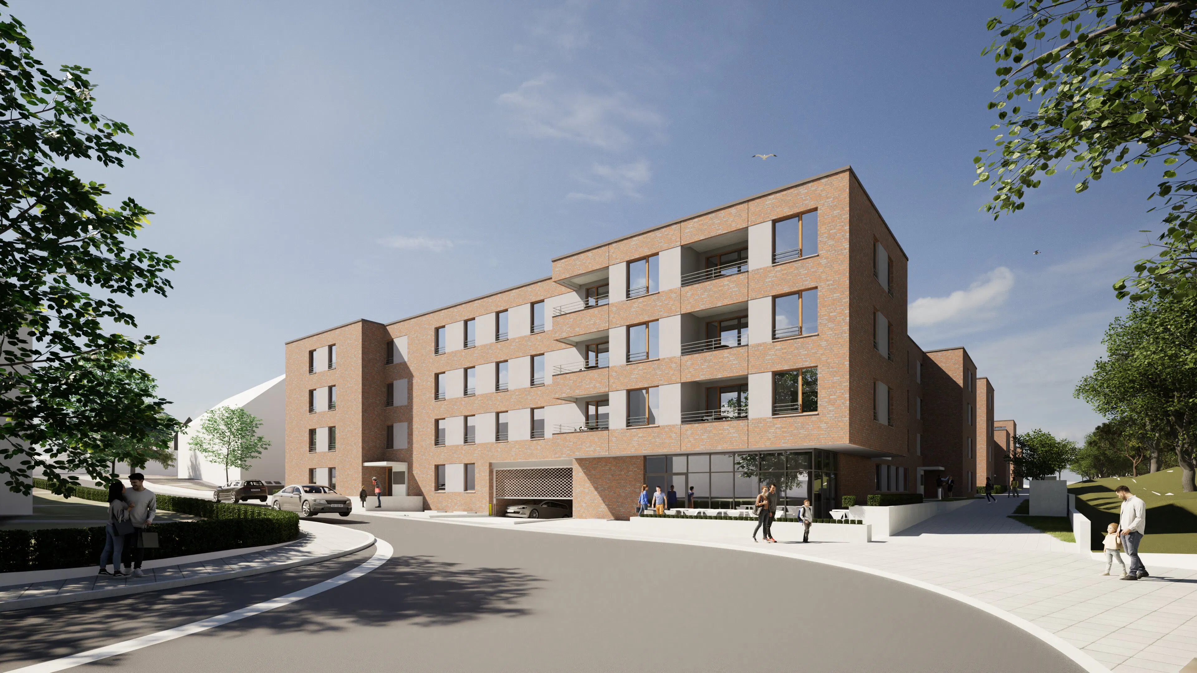 Luftaufnahme Wohnquartier Alte Post Husum mit modernen Mehrfamilienhäusern