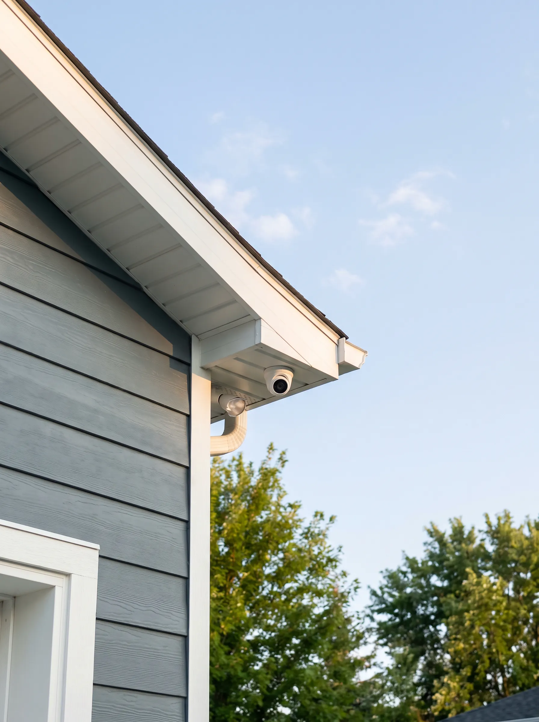 A professionally installed security camera on the exterior of a home