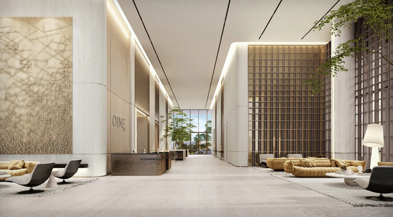 Spacious modern lobby with high ceilings, large windows, neutral tones, seating areas with beige sofas and black chairs, wood accents, decorative wall panels, and indoor plants near reception desks.