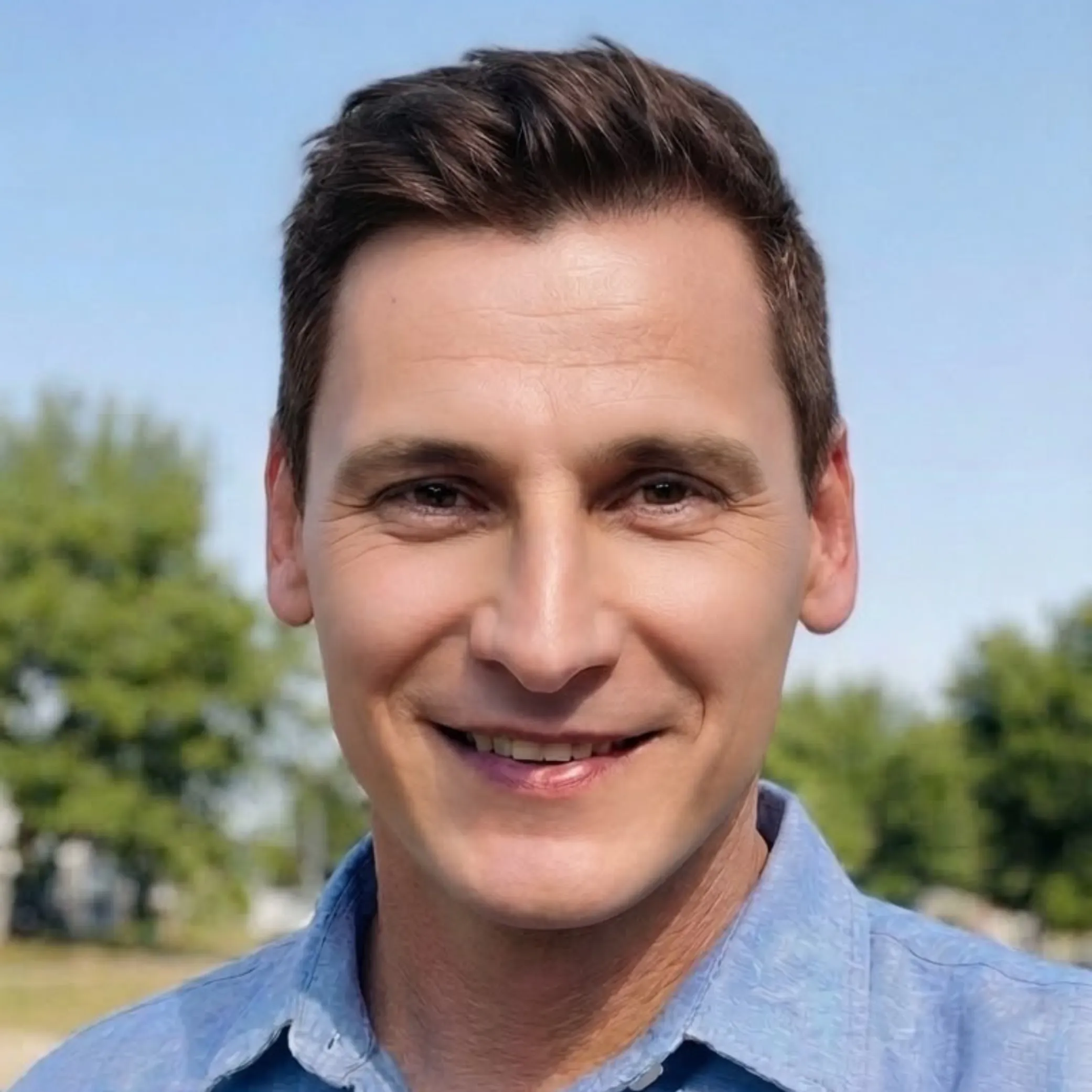 Smiling man with short brown hair wearing a light blue button-up shirt outdoors with trees and a clear blue sky in the background.