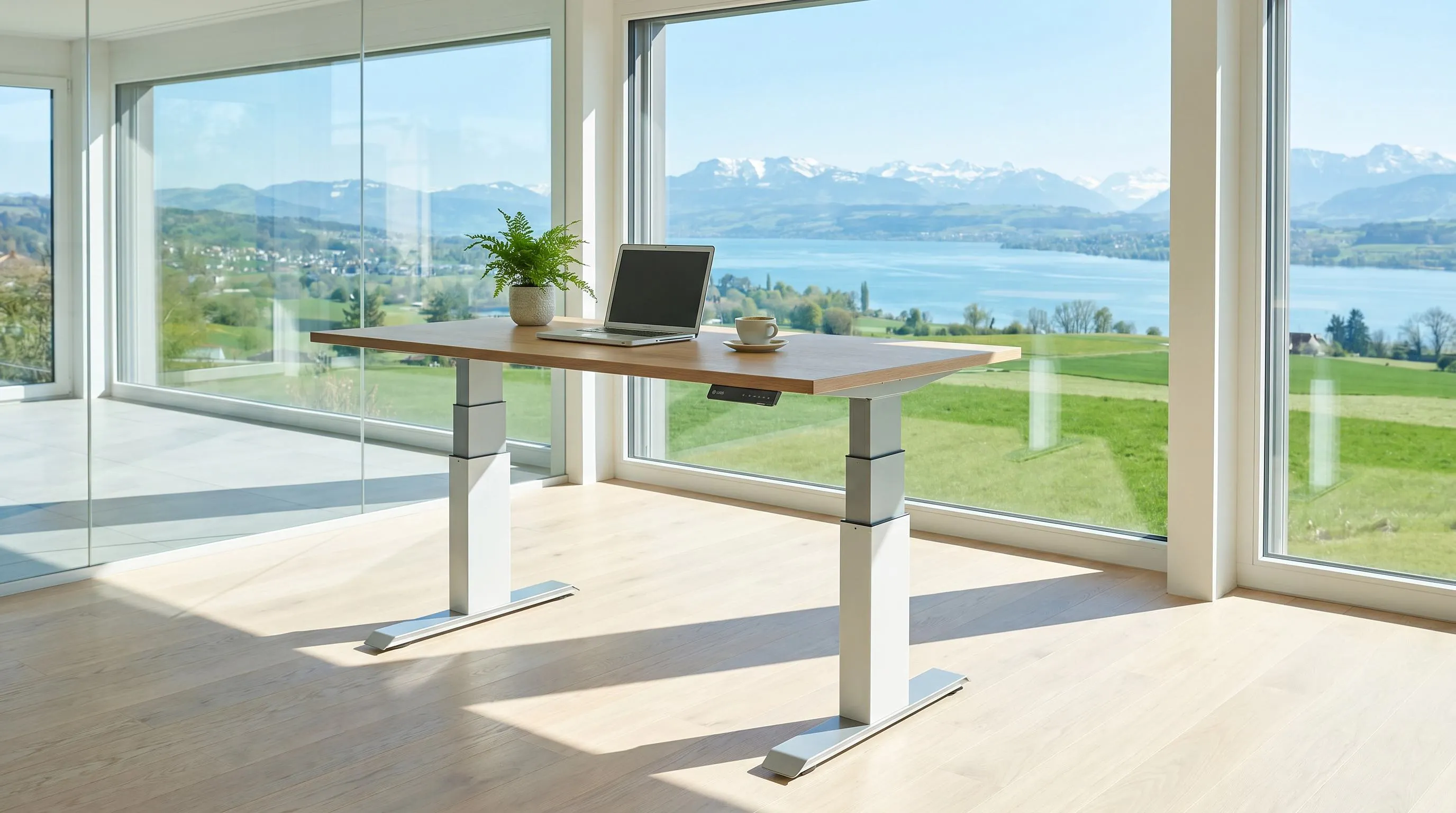 Adjustable standing desk with a laptop, potted plant, and coffee cup in a room with large windows overlooking a lake, green fields, and snow-capped mountains.