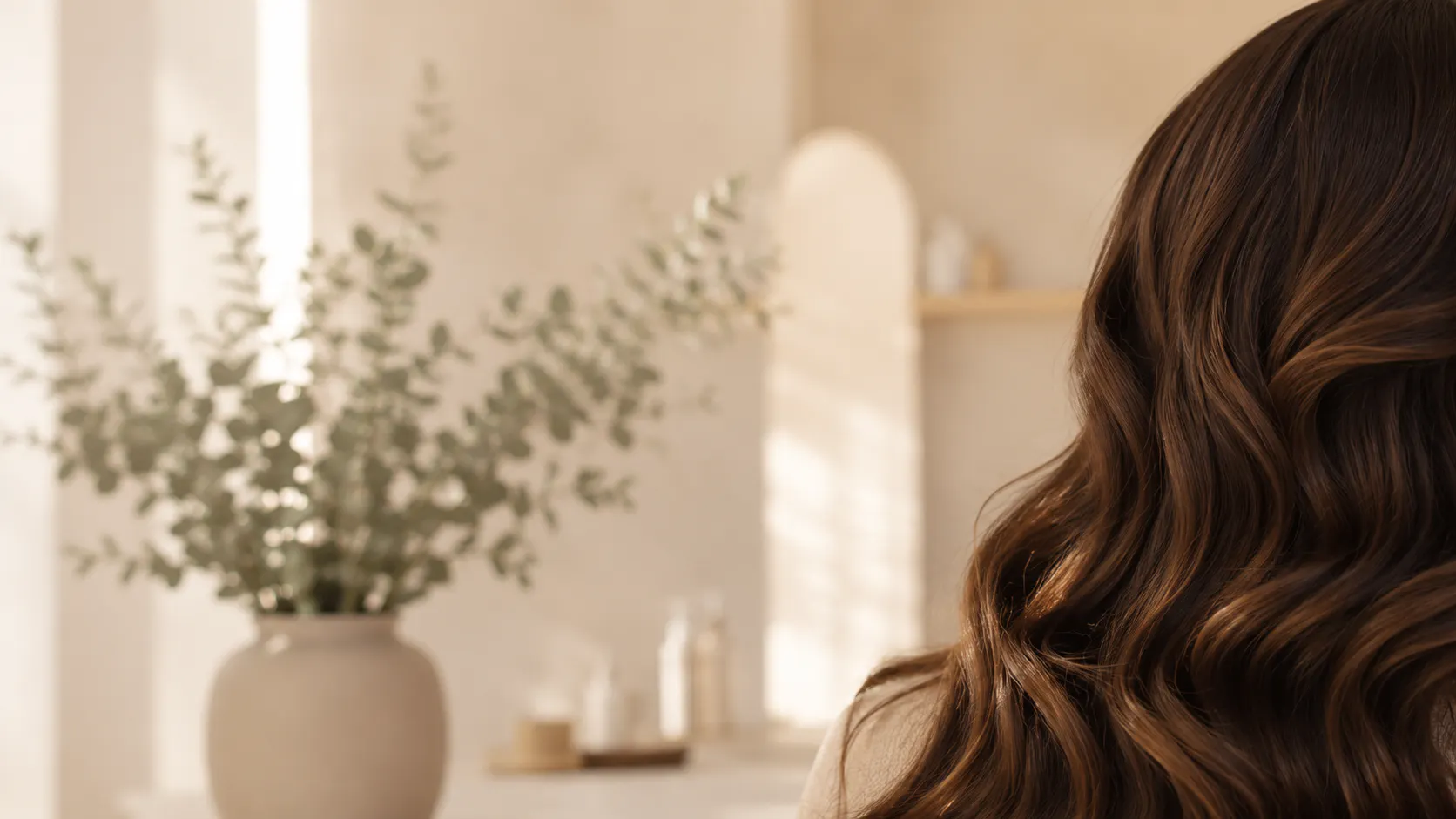 woman with beautiful long healthy brunette hair, warm salon lighting