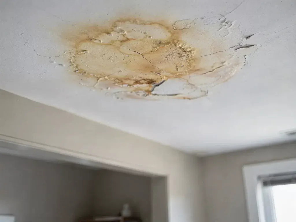 Ceiling with a large, irregular brown water stain and peeling paint in a room with beige walls and a window.