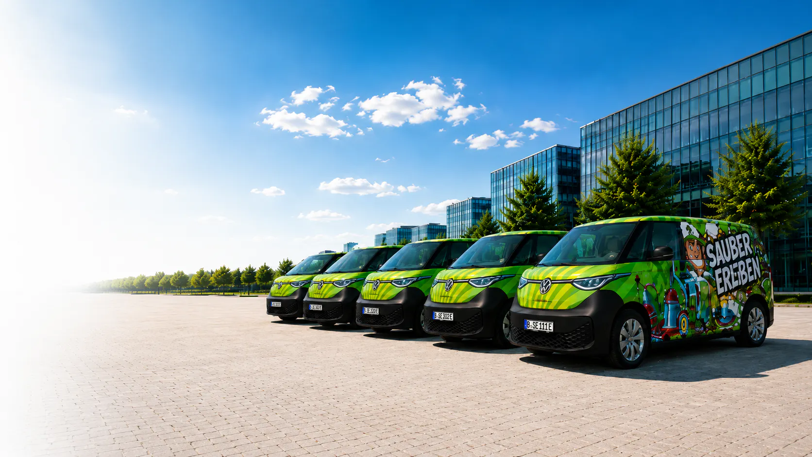 Sechs grüne Volkswagen Lieferwagen mit buntem Design und der Aufschrift Sauber erleben stehen nebeneinander auf einem großen gepflasterten Platz vor modernen Glasgebäuden.