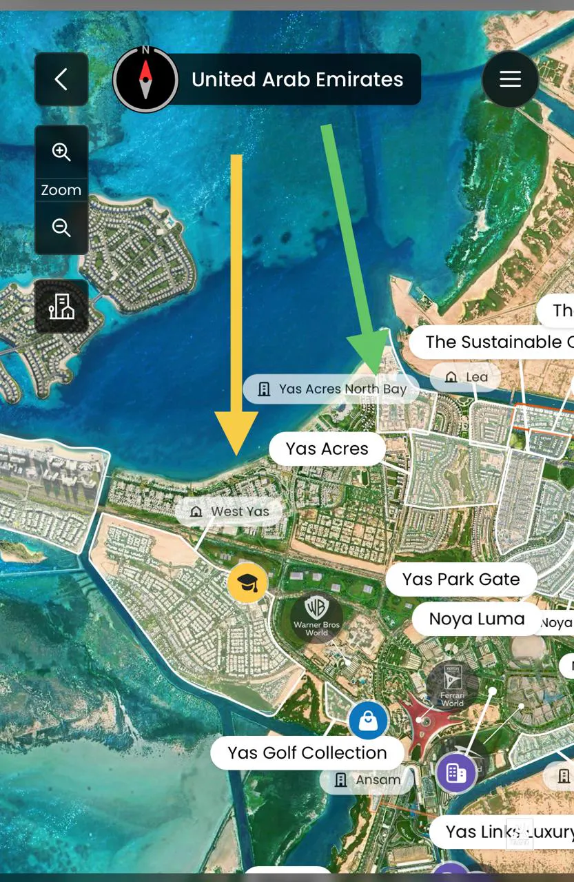 Yas Island map showing Yas Point location between Ferrari World, SeaWorld, Warner Bros World and Yas Marina Circuit