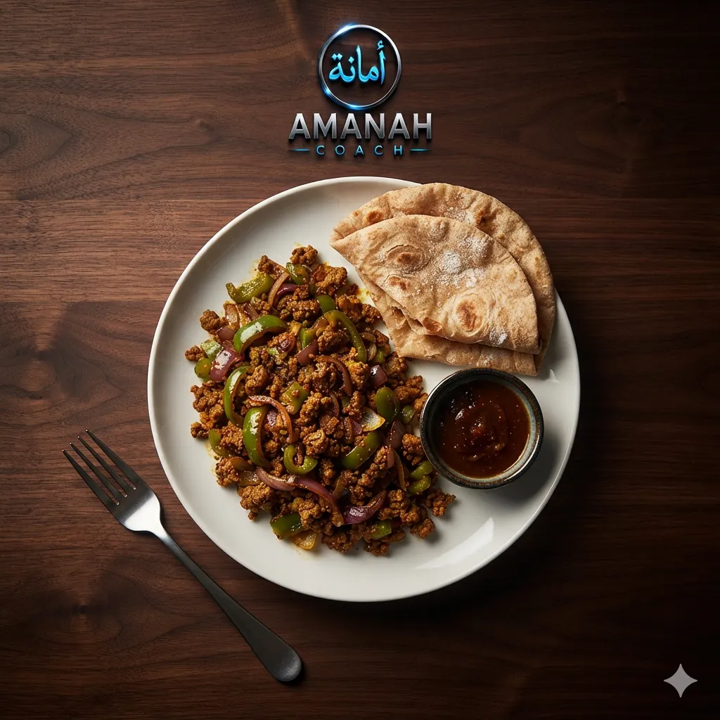 Cooked minced meat with sliced green bell peppers and onions on a white plate, served with folded pieces of flatbread and a small bowl of dark sauce.
