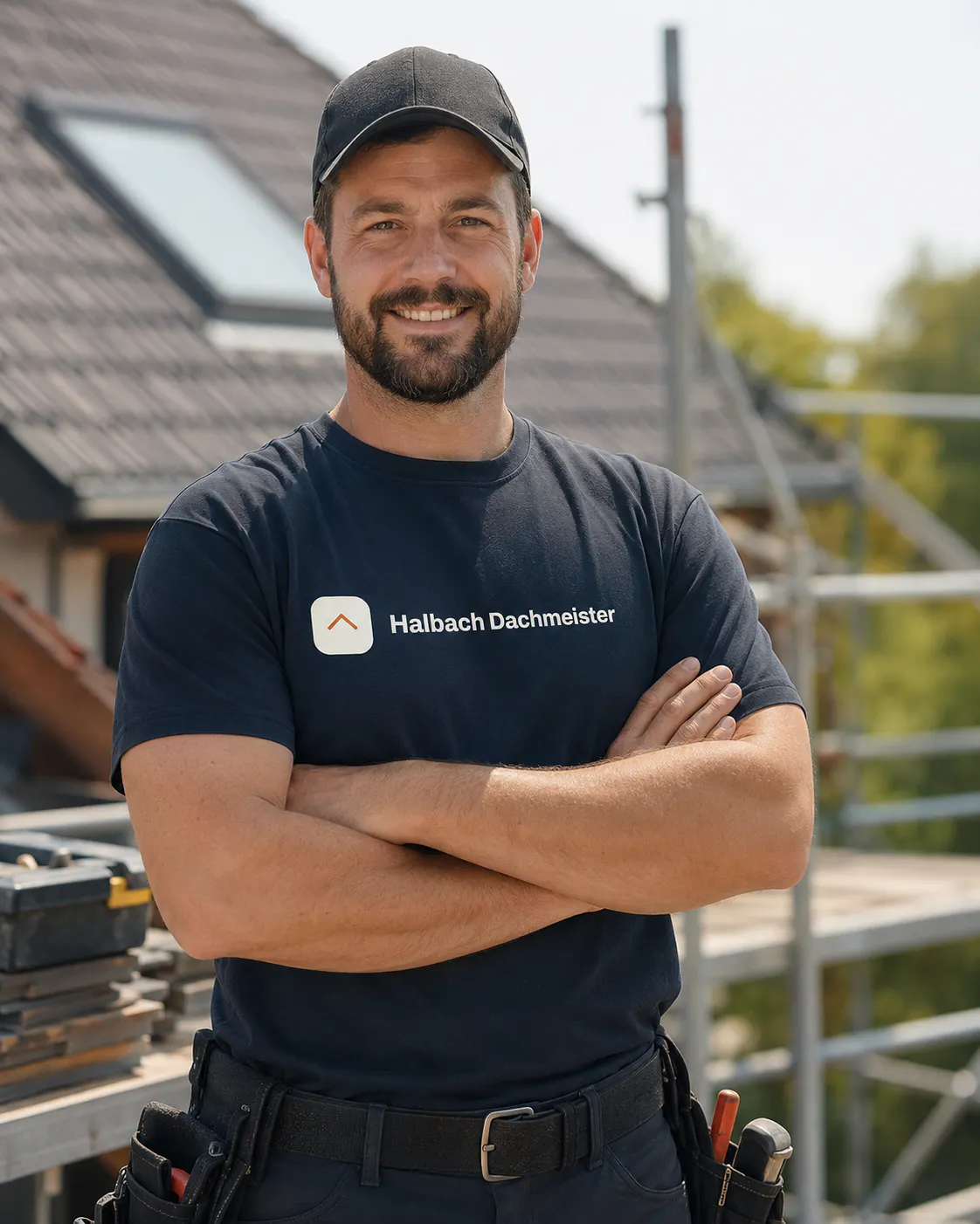 Handwerker von Halbach Dachmeister vor dem Baugerüst