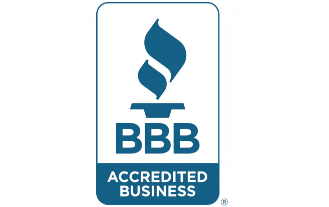 Blue BBB Accredited Business logo with a torch icon above the letters BBB on a white background within a rectangular shape.
