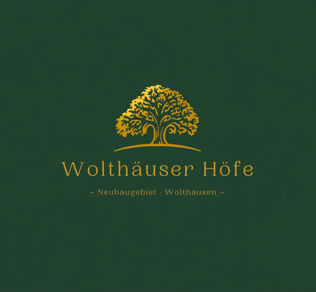 Goldfarbenes stilisiertes Baumlogo mit dem Text "Wolthäuser Höfe - Neubaugebiet · Wolthausen" auf grünem Hintergrund.