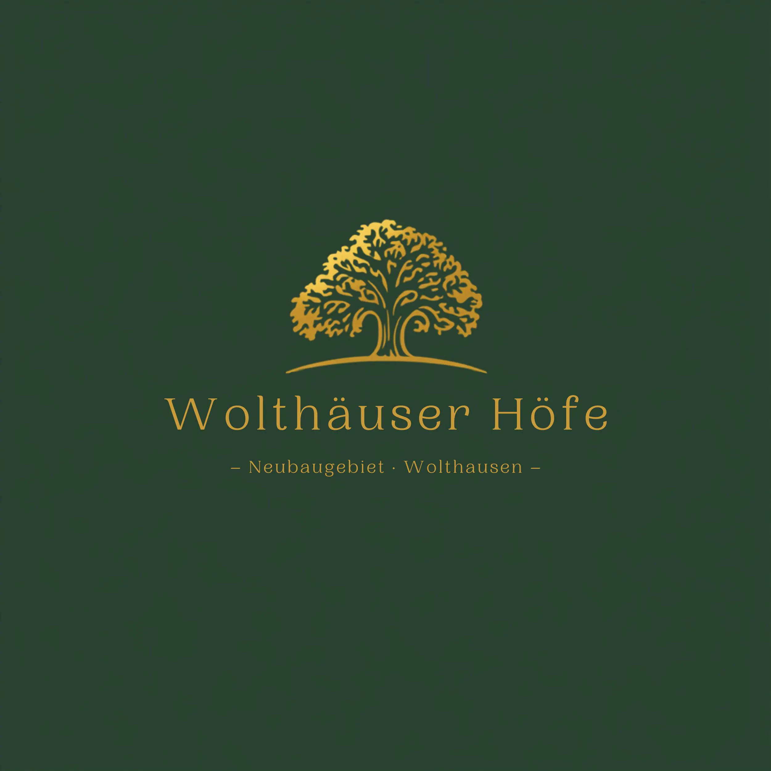 Goldfarbener stilisierter Baum über dem Schriftzug "Wolthäuser Höfe – Neubaugebiet Wolthausen" auf dunkelgrünem Hintergrund.