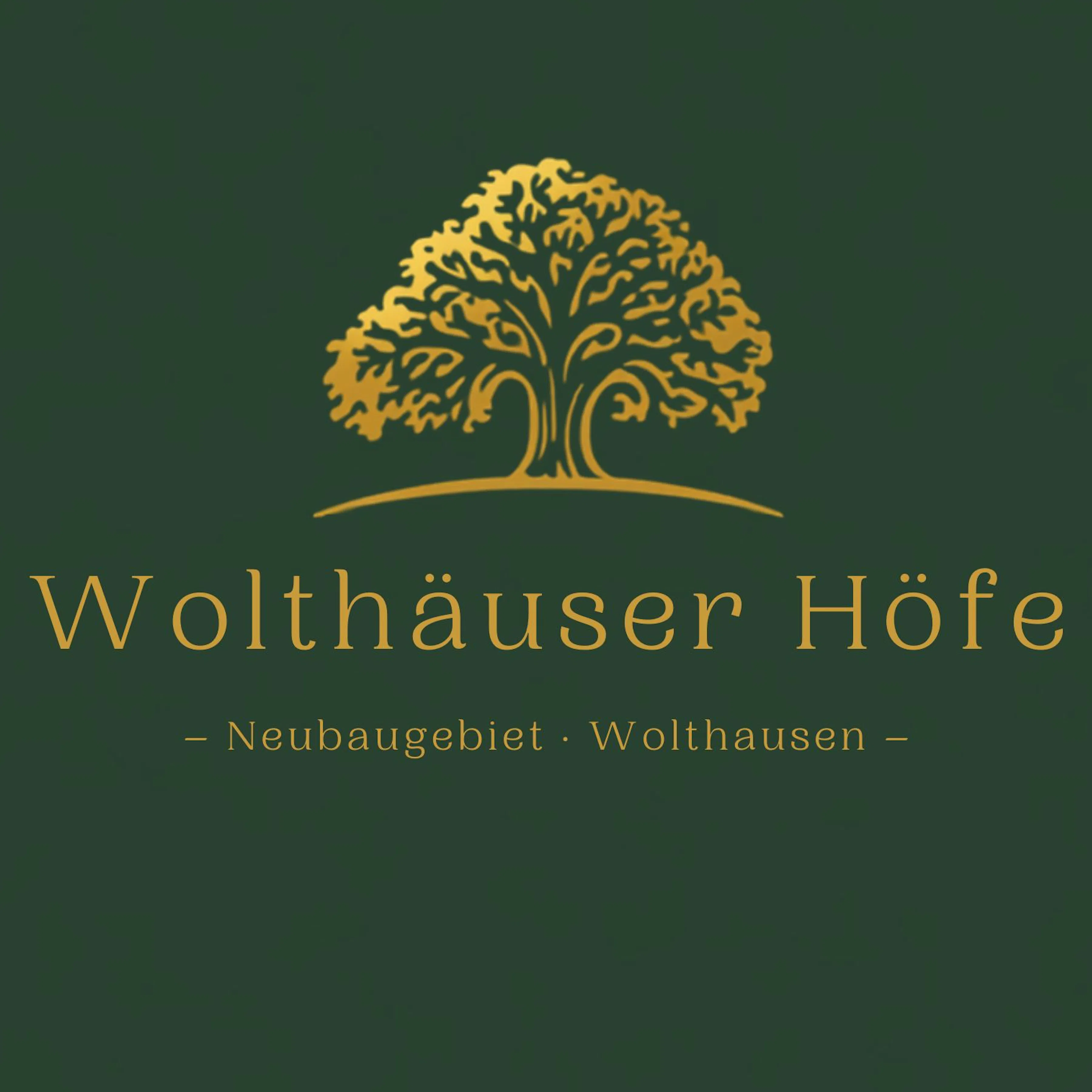 Goldfarbener stilisierter Baum über dem Schriftzug "Wolthäuser Höfe – Neubaugebiet Wolthausen" auf dunkelgrünem Hintergrund.