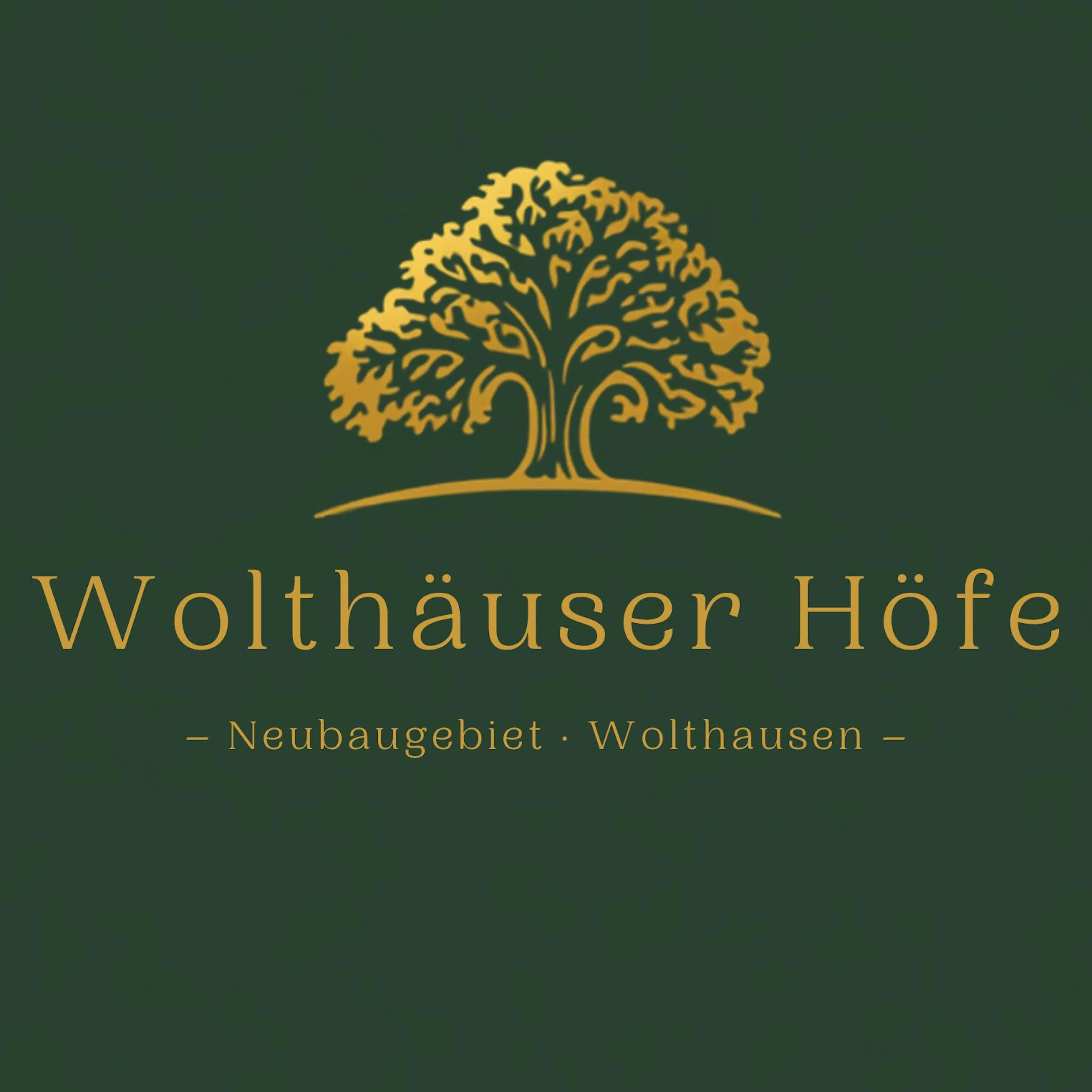 Goldfarbener stilisierter Baum über dem Schriftzug "Wolthäuser Höfe – Neubaugebiet Wolthausen" auf dunkelgrünem Hintergrund.