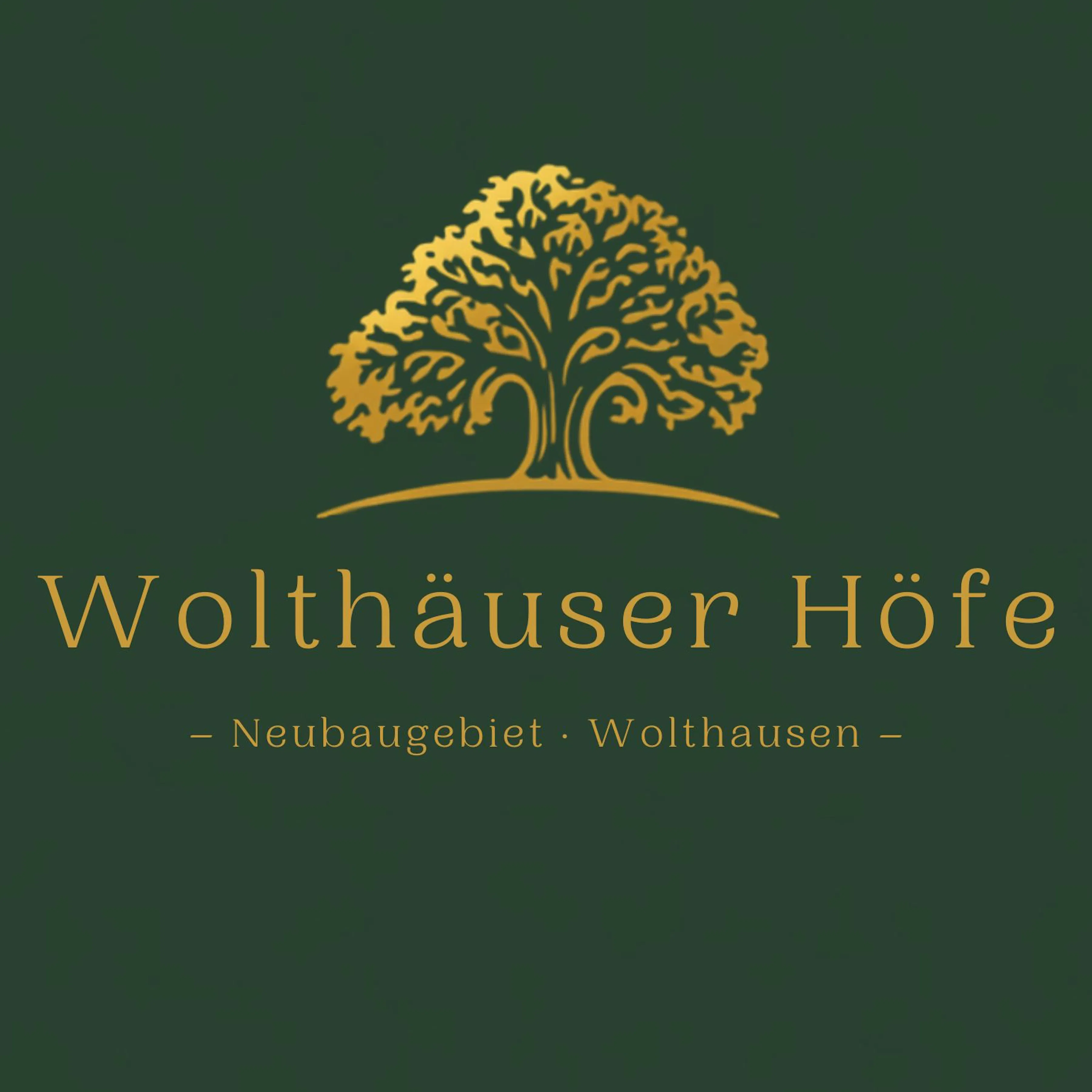 Goldfarbener stilisierter Baum über dem Schriftzug "Wolthäuser Höfe – Neubaugebiet Wolthausen" auf dunkelgrünem Hintergrund.