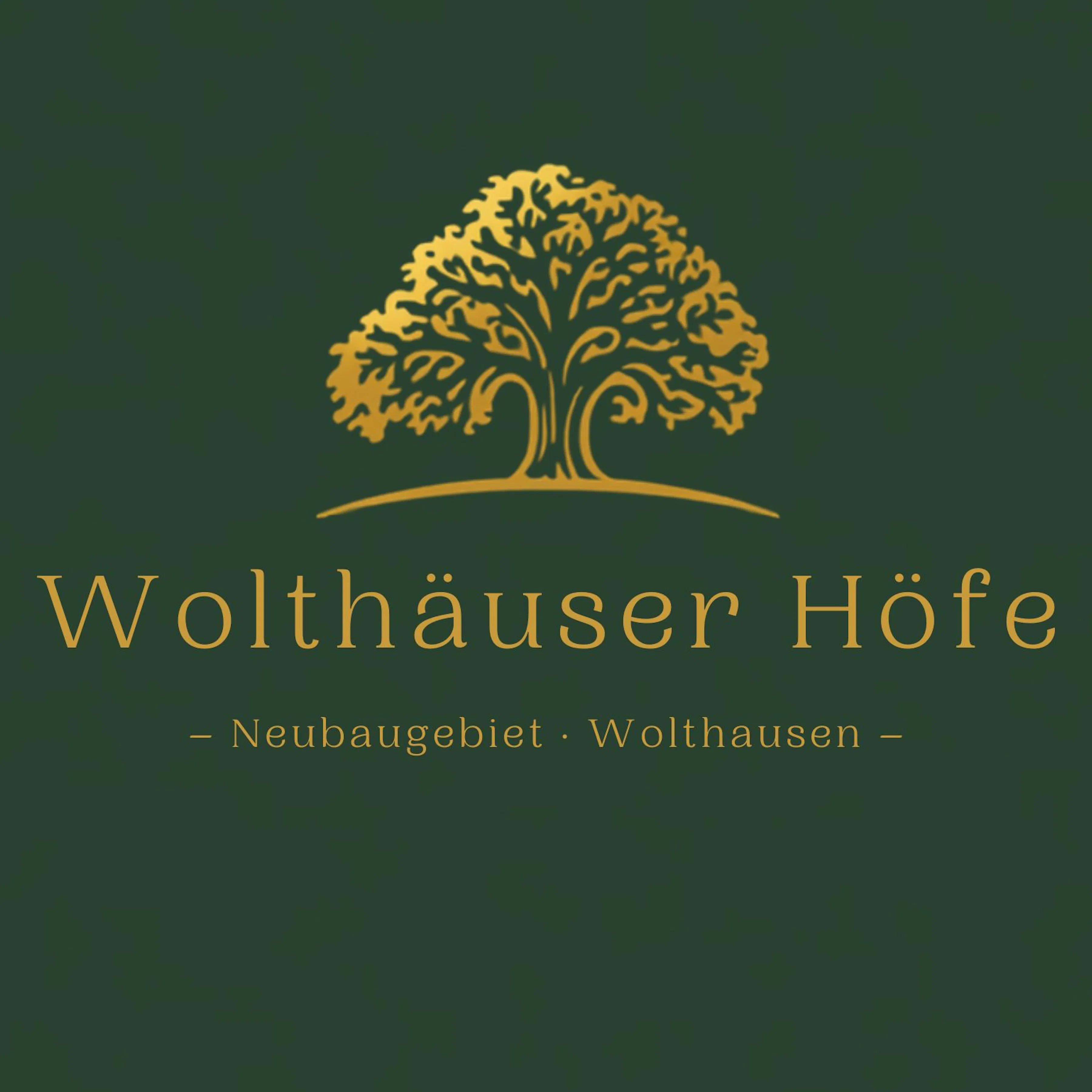 Goldfarbener stilisierter Baum über dem Schriftzug "Wolthäuser Höfe – Neubaugebiet Wolthausen" auf dunkelgrünem Hintergrund.