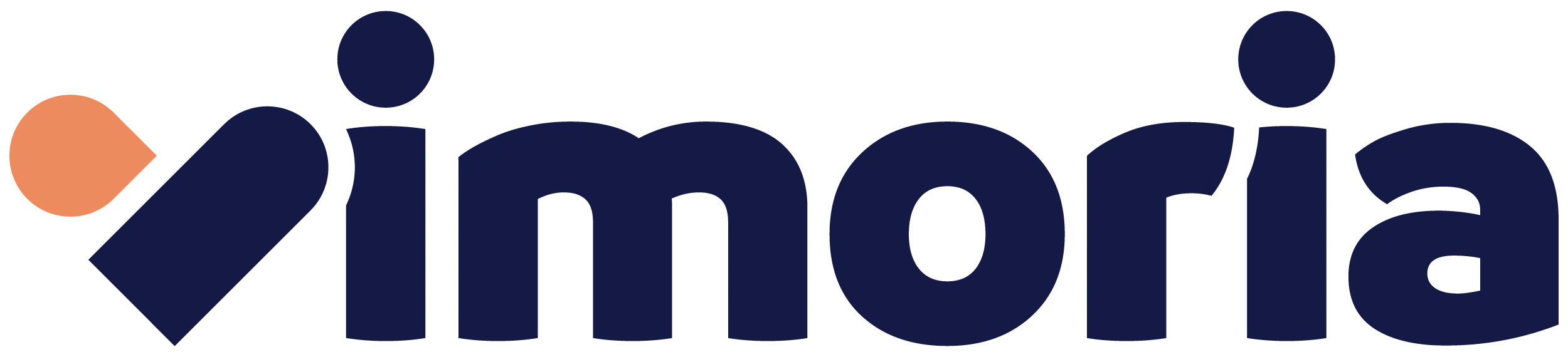A stylized logo with a navy blue lowercase "imoria" and a heart-shaped orange design on the left side.