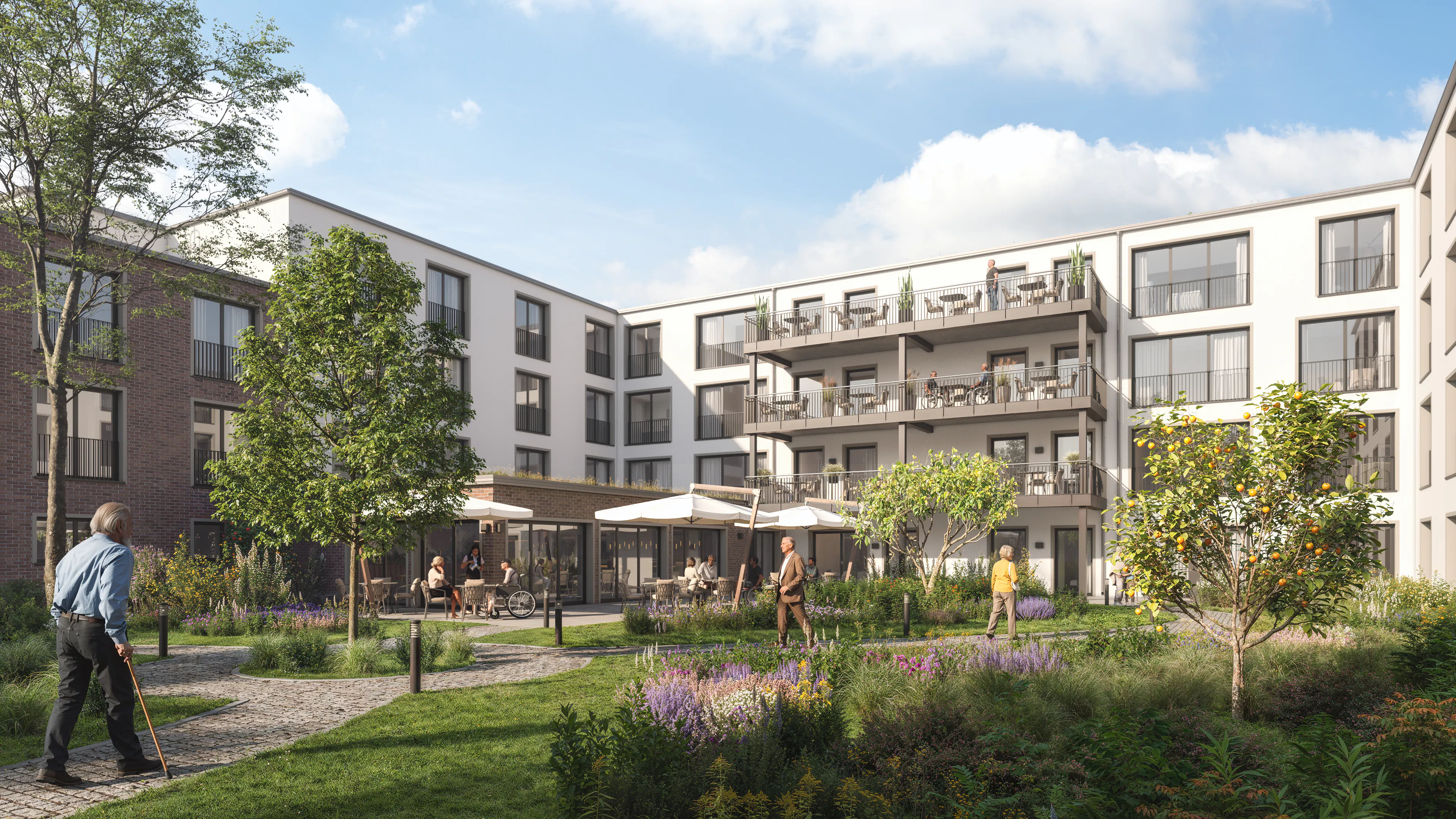 Parkanlage mit Wegen und Staudenbeeten