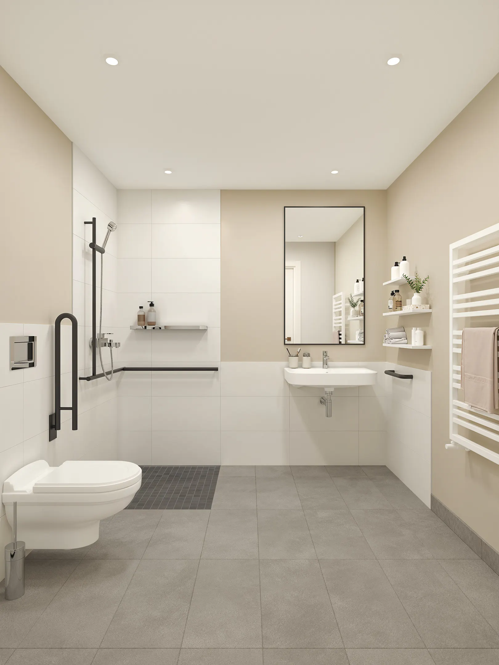 Barrierefreies Bad mit Haltegriffen und bodengleicher Dusche