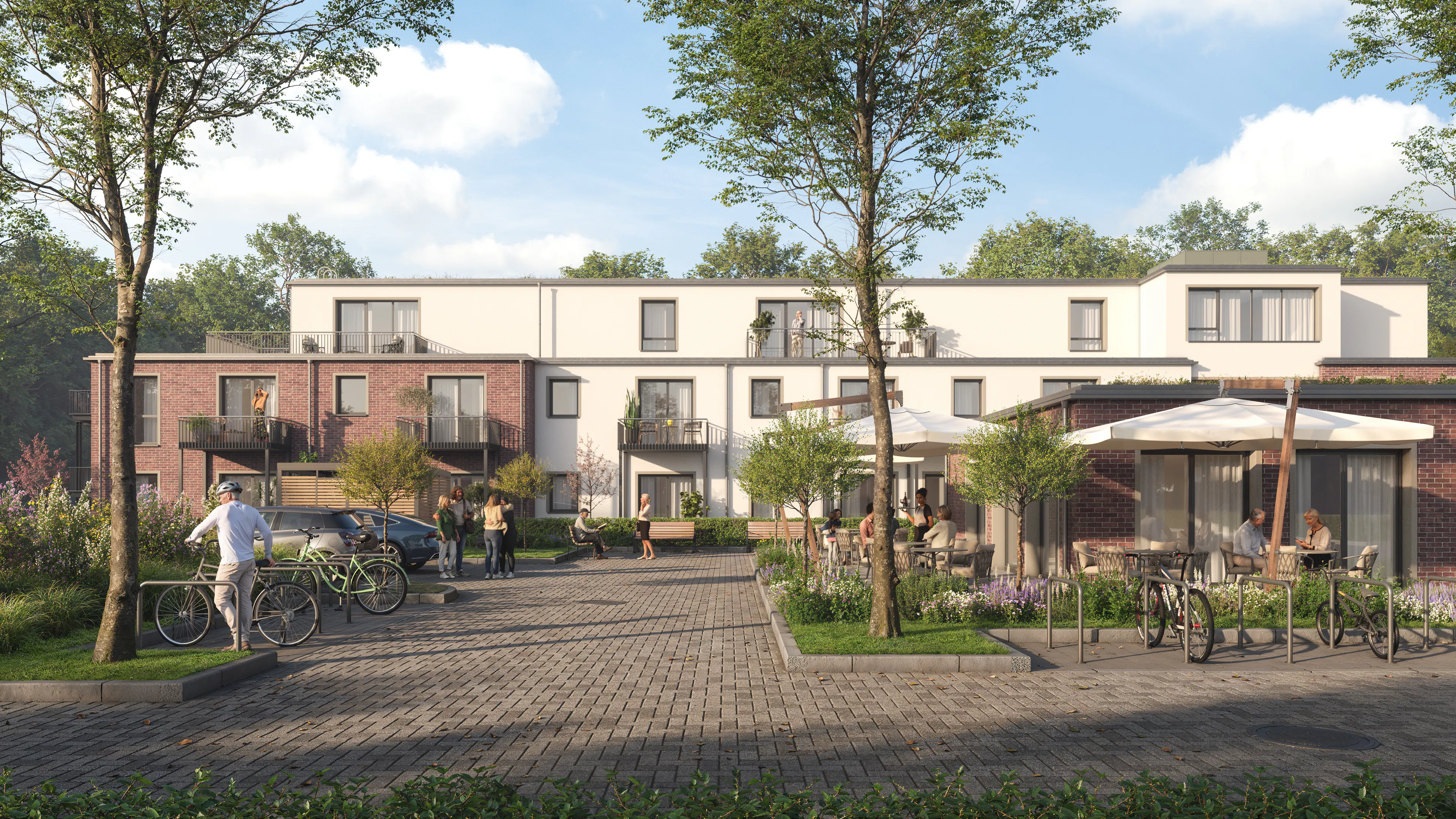 Außenansicht Seniorenwohnen mit Vorplatz und Terrasse